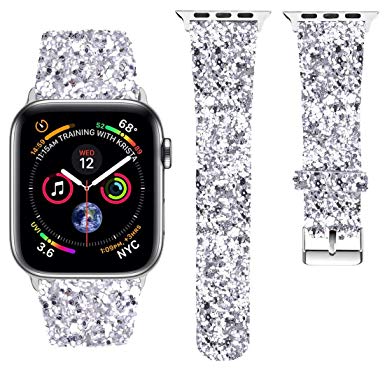 iiteeology Compatible with Apple Watch Band 38mm 40mm 42mm 44mm, Christmas Sparkly 3D Glitter Bling Leather iWatch Band for Apple Watch Series 4/3/2/1 Women Girls (Silver, 42mm)
