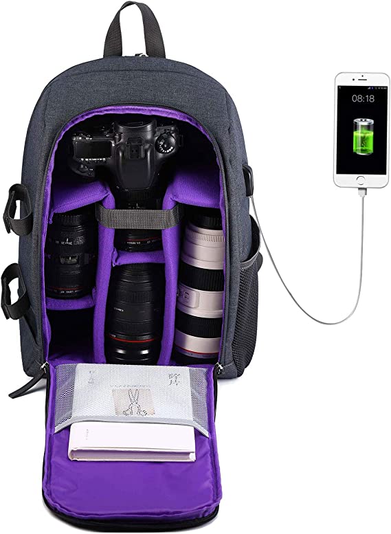 G-raphy Camera Backpack DSLR SLR Camera Bag Sac Photo Waterproof with Laptop Compartment/Tripod Holder/USB Port for Nikon,Canon,Sony,Panasonic (Purple)