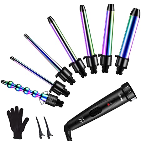 7 in 1 Curling Iron Wand Set, Ohuhu Upgrade Curling Wand With 7Pcs 0.35 to 1.25 Inch Interchangeable Ceramic Barrels and Heat Protective Glove, Rainbow Color, Mother's Day