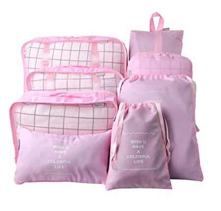 Vercord 8 Pcs Packing Cubes Pods Travel Luggage Suitcase Organizer and Shoes Laundry Bags Pink