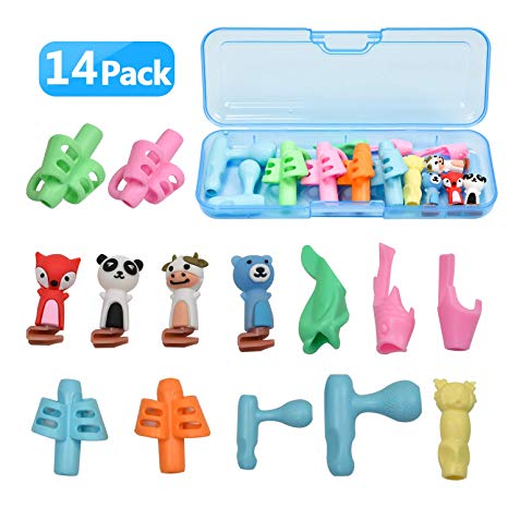 Pencil Grips for Kids Handwriting Children Pen Writing Aid Grip Set Professional 6-Stage Posture Correction Tool for Kids Preschoolers Children with Pencil Case(14PCS)