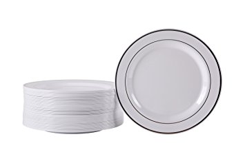 Premium Hard Plastic Silver Rimmed White Plate Set By Oasis Creations – 50 x 9” - Disposable or Washable & Reusable - Party Supplies For Birthdays, Celebrations, Buffets, Fiestas & More