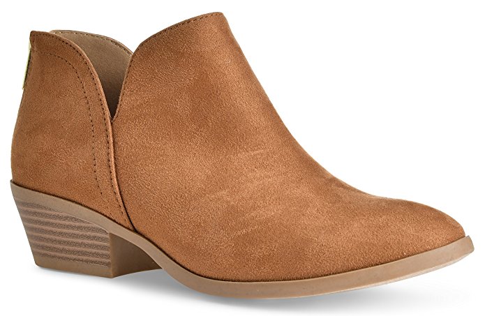 Women's Madeline Western Pointed Toe Slip on Bootie - Low Stack Heel - Zip Up - Casual Ankle Boot by LUSTHAVE