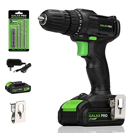 Cordless Drill Driver, GALAX PRO 20V Lithium Ion Power Drill with Work Light, Max Torque(20N.m), 3/8 inch Keyless Chuck, 19 1 Position, Single Speed (0-600RPM)- 1.3Ah Battery & Charger Included