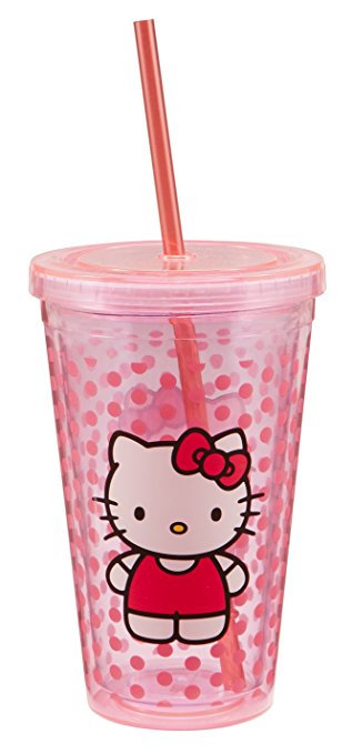 Vandor 18151 Hello Kitty 18 oz Acrylic Travel Cup with Lid and Straw, Pink