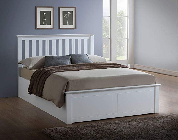 White Ottoman Storage Bed, Happy Beds Phoenix Wood Modern Bed Frame - 4ft Small Double (120 x 190 cm) with Memory Foam Mattress Included