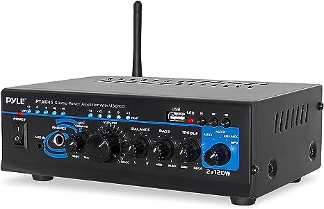 Pyle Bluetooth Audio Power Amplifier - 2x120 Max Amp Power, Portable 2 Channel Surround Sound Stereo Receiver with USB/MP3 Reader, LED Indicator Output Level Display, Amplified Subwoofer Speaker