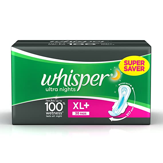 Whisper Ultra Overnight Sanitary Pads XL  Wings - 30 Count