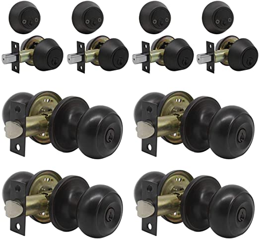 4 Pack Keyed Entry Door Knob Lockset and Double Cylinder Deadbolt Combination Set for Entrance and Front Door, Aged Oil Rubbed Bronze, Keyed Alike