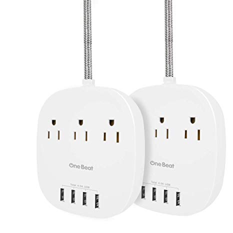 2 Pack Desktop Power Strip Flat Plug with 3 Outlet 4 USB Ports,5 ft Long Braided Extension Cord for Home and Office, ETL Listed, White