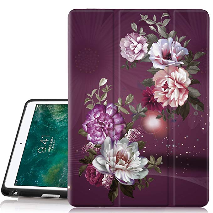 Hocase iPad Air 3rd Gen/iPad Pro 10.5 Case, Trifold Smart Case with Pencil Holder, Unique Pattern Design, Auto Sleep/Wake, Soft Back Cover for iPad A1701/A1709/A2152/A2123/A2153 - Burgundy Flowers