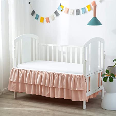 JSD Crib Bed Skirt Dust Ruffle Double Layer Brushed Microfiber Nursery Crib Toddler Bedding Skirt for Baby Girls Pink 14" Deep Drop