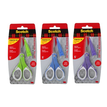 3M Scotch Precision 5 Craft Detail Scissors Pointed Tip with Protective Cover Pack of 3