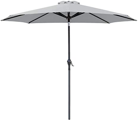 Greesum 9FT Patio Umbrella Outdoor Market Table Umbrella with Push Button Tilt, Crank and 8 Sturdy Ribs for Garden, Lawn,Backyard & Pool,Gray