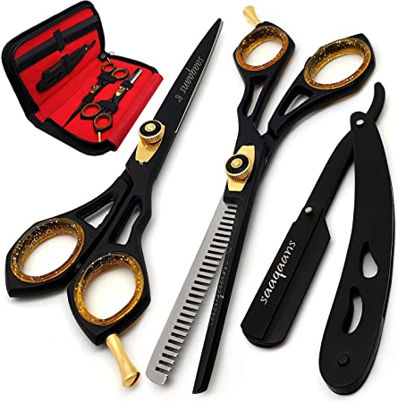 Saaqaans SQS-01 Professional Hair Cutting Scissors Kit - Haircut Scissor for Barber/Hairdresser/Hair Salon   Thinning/Texture Hairdressing Shear for Beautician   Straight Edge Razor   10 Double Edge Blades with Pouch/Case