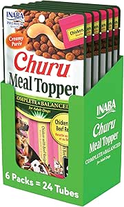 INABA Churu Meal Topper for Dogs, Complete & Balance, Creamy, Lickable Purée Dog Food Topper, 0.5 Ounce Tube, 24 Tubes (4 per Pack), Chicken with Beef Recipe