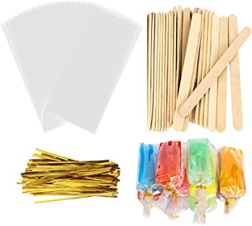 Acerich 450 Pcs Popsicle Sticks and Bags Set, 150 Wooden Ice Cream Sticks Craft Sticks with 150 Pcs Popsicle Bags & 150 Pcs Sealing Lines