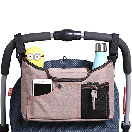AMZNEVO Best Universal Baby Jogger Stroller Organizer Bag / Diaper Bag with Shoulder Strap and Two Deep Cup Holders. Extra Storage Space for Organize the Baby Accessories and Your Phone. (Brown)