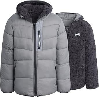 DKNY Boys' Puffer Jacket - Full Zip Up Hooded Reversible Puffer to Sherpa Winter Jacket - Heavyweight Jackets for Boys (8-20)