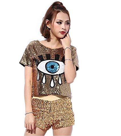 Womens Fashion Sequins Evil Eye Sparkle Glitter Hip Hop Shirt Tank Top Clubwear