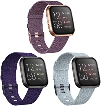 KIMILAR 3-Pack Bands Compatible with Fitbit Versa/Versa 2/Versa Lite Edition, Large Small Soft Woven Fabric Breathable Accessories Strap Replacement Wristband Women Men Compatible Versa Smart Watch