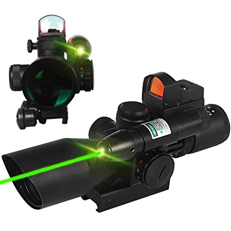 3 IN1 Tactical 2.5-10x40 AR15 Rifle Scope Dual Illuminated Mil-dot Red&Green Laser Rail Mount and 4 Reticle Red/Green Dot Reflex Sight (24 Month Warranty)