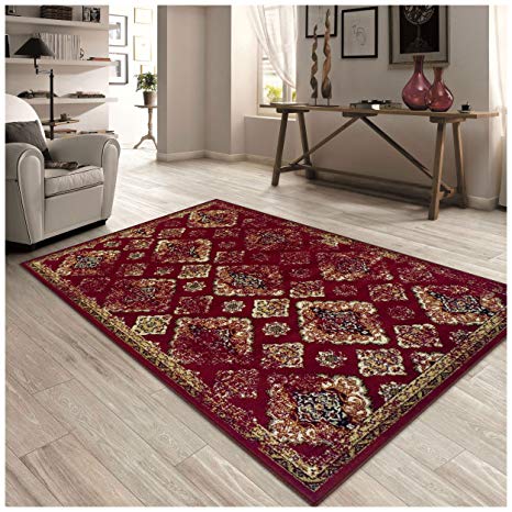 Superior Mayfair Collection Area Rug, 8mm Pile Height with Jute Backing, Vintage Distressed Medallion Pattern, Fashionable and Affordable Woven Rugs - 5' x 8' Rug, Red