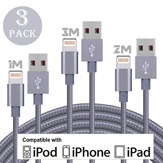 Lightning Cable,parikaras Charger Cables 3Pack (1M/2M/3M) to USB Syncing and Charging Cable Data Nylon Braided Cord Charger for iPhone X/8/8Plus/7/7 Plus/6/6 Plus/6s/6s Plus/5/5s/5c/SE -Gray