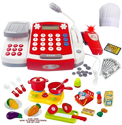Toy Cash Register for Kids with Scanner - Microphone - Calculator - Mini Cooking Pots and Pans & Cutting Play Food Set - and Chef Hat! Play Restaurant or Grocery/Supermarket Cashier and Teaching Math