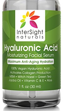 DERMATOLOGIST RECOMMENDED Hyaluronic Acid Serum by InterSight with Vitamin C & E, MSM, Aloe - 100% Pure Hyaluronic Acid - Best Organic and Vegan Anti Aging Moisturizer Liquid - 1000x Hydration - 30 ml