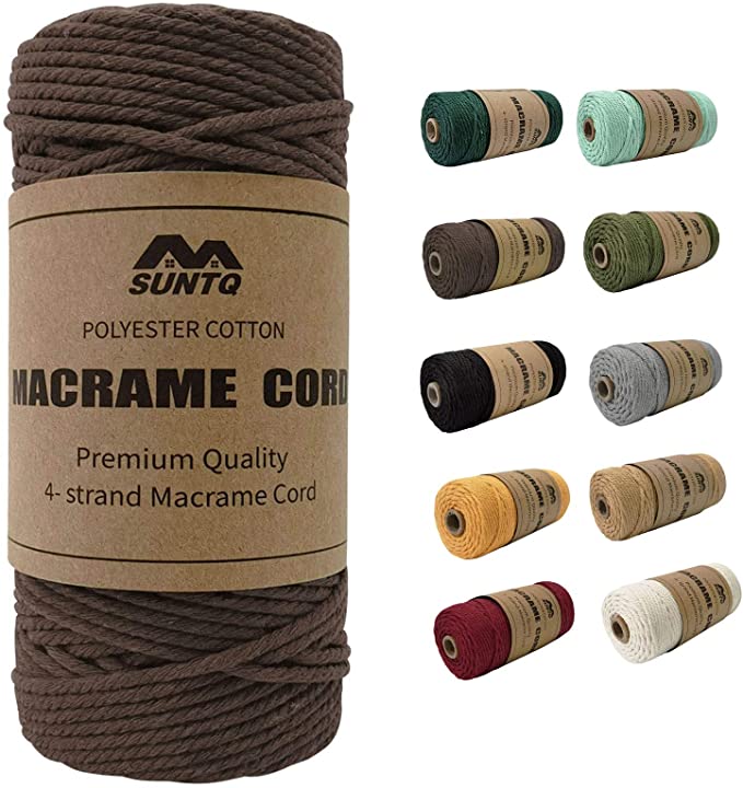 SUNTQ Macrame Cord 4-Strand Twisted (3mmx109yard) Soft Unstained Cotton Rope for Handmade Plant Hanger, Wall Hanging Craft Making, Crafts, Knitting,Decorative Projects Coffee Color Cotton String…