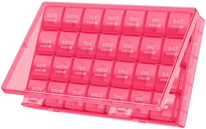 TookMag Monthly Pill Organizer 28 Day Pill Box Organizerd by Week, Large 4 Weeks One Month Pill Cases with Dust-Proof Container for Pills/Vitamin/Fish Oil/Supplements (Pink)