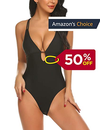 ELOVER Women One Piece Swimsuit Padded Monokini V Neck Swimwear Halter Bathing Suit