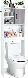 Giantex Over The Toilet Storage Cabinet, 4-Tier Space-saving Freestanding Bathroom Organizer w/Open Shelves & Door, Modern Simple Toilet Storage Rack for Bathroom Laundry Balcony, White