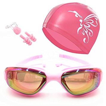 Swim Goggles Swim Cap Nose Clip EarPlugs, Clear Swimming Goggles Coated Lens No Leaking Anti Fog UV Protection for Adult Men Women Youth Kids