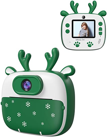 Dragon Touch Instant Print Kids Camera, InstantFun2 Digital Print Camera for Kids with Dual Camera Lens, Print Paper, Cartoon Sticker, Color Pens and Camera Bag (Christmas Green)