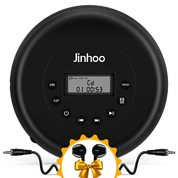 Portable CD Player with Wired Control Stereo Earbuds and AUX Cable, Jinhoo Rechargeable CD Player for car, FM Radio, Anti-Skip/Shockproof Protection Small Music Walkman MP3 Players