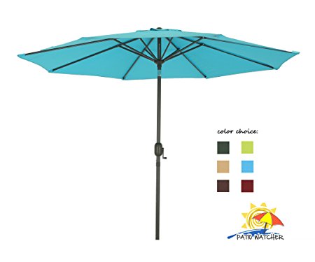 Patio Watcher 9-Ft Aluminum Patio Umbrella with Push Button Tilt and Crank, 250 GSM Fabric,8 Steel Ribs, Turquoise