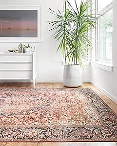 Loloi LAYLA Collection, LAY-08, Red/Navy, 3'-6" x 5'-6", 13" Thick, Accent Rug, Soft, Durable, Vintage Inspired, Distressed, Low Pile, Non-Shedding, Easy Clean, Printed, Living Room Rug