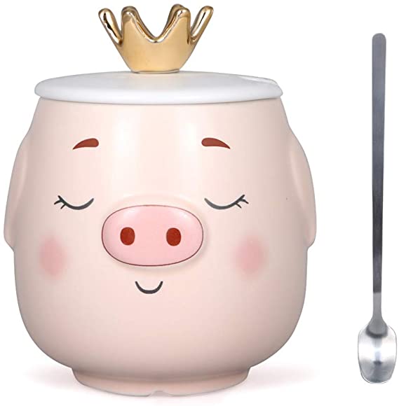 Teagas Funny Pink Pig Mug Cute Ceramic Coffee Tea 1 Mug with Lid and Spoon for Women Gift for Thanksgiving and Christmas Pig Wink Mug 15oz