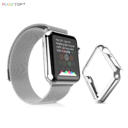 Apple Watch Band with Unique Magnet Lock PUGO TOP Milanese Loop Stainless Steel Bracelet Strap Band No Buckle Needed and Plating Bumper Case for Apple Watch 42mm Silver