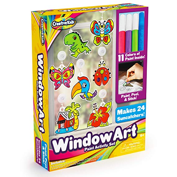 Window Paint Art Stickers Kit Kids – Children’s Make Your Own Fun Suncatchers Set – [24] Sun Catchers, [24] Suction Cups & [11] Paints – DIY Car Window & Mirror Arts & Crafts Kit Children