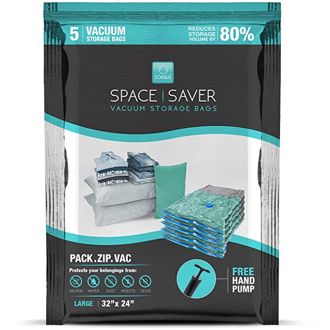 Sorbus Vacuum Storage Bags [5 Pack - 32 x 24 Inches] Reusable Space Saver Clothes Compression Bags for Home, Travel and College, Pump Included (Large)