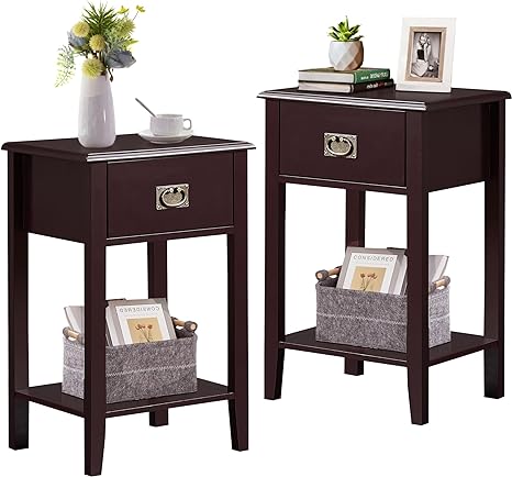 VECELO Nightstands Set of 2 End/Side Tables for Living Room Bedroom Bedside, Vintage Accent Furniture Small Space, Solid Wood Legs, One Drawer, Black Walnut