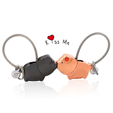 MILESI Sweet Kiss Pigs Keychain with Magnetism one pair Valentine's Love Token (Black Rose Gold)