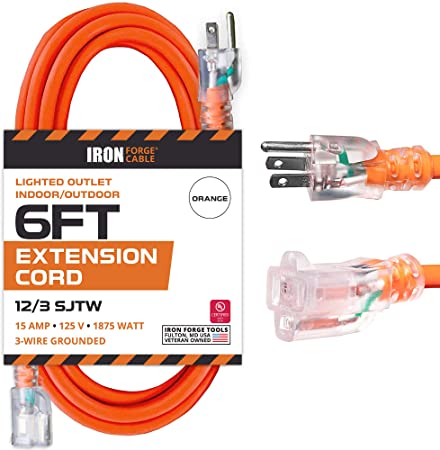 6 Ft Lighted Outdoor Extension Cord - 12/3 SJTW Heavy Duty Orange Cable with 3 Prong Grounded Plug for Safety