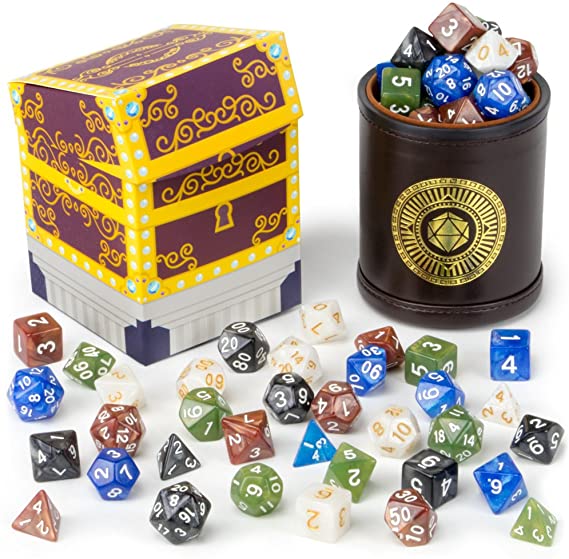 Cup of Plenty: 5 Sets of 7 Premium Pearlized Polyhedral Role Playing Gaming Dice for Tabletop RPGs with Brown Bicast Leather Dice Cup by Wiz Dice
