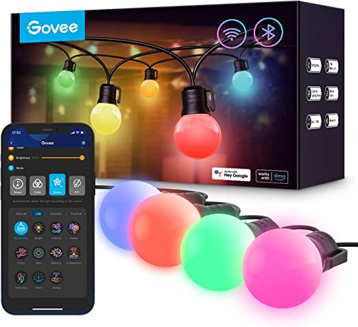 Govee Smart Outdoor String Lights, 100ft G40 RGBIC Warm White String Lights with 50 Dimmable LED Bulbs, IP65 Waterproof Alexa Outdoor String Lights with App Control for Balcony, Garden, Patio, Party