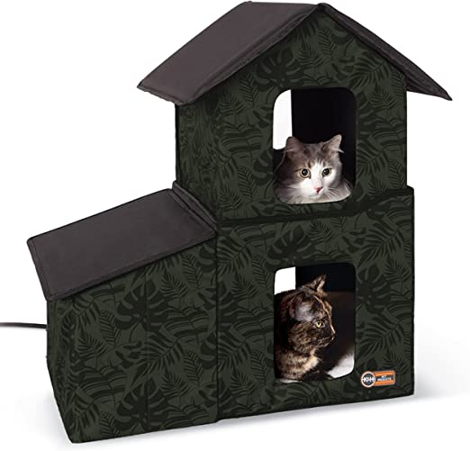 K&H PET PRODUCTS Two-Story Outdoor Kitty House with Dining Room Heated Green Leaf 22 X 27 X 27 Inches