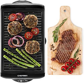 Chefman Electric Smokeless Indoor Grill w/ Non-Stick Cooking Surface & Adjustable Temperature Knob from Warm to Sear for Customized BBQ Grilling, Dishwasher Safe Removable Water Tray, Black